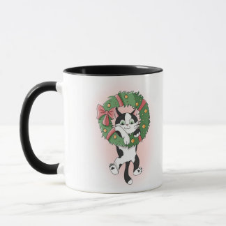 Cartoon zwart-wit kerstkrans kat mok