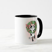 Cartoon Zwart-wit Kerstkrans Kat Mok (Voorkant rechts)