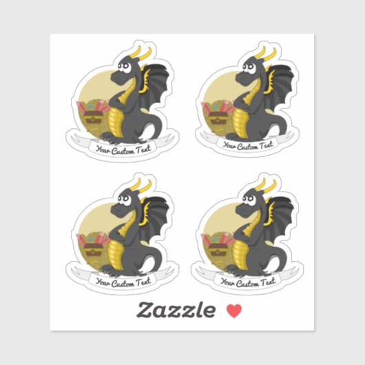 Cartoon zwarte draak met schat en sms sticker (Vel)