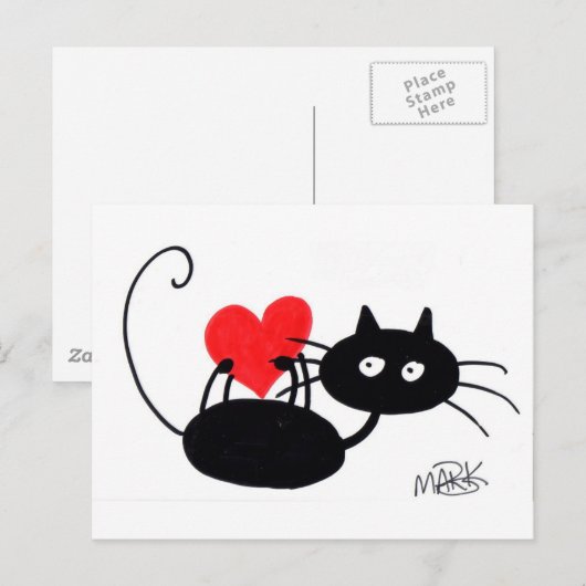 Cartoon Zwarte Kat en rood hart Briefkaart (Voorkant / Achterkant)