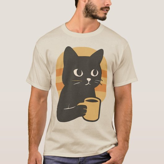 Cartoon zwarte kat met een koffie mok t-shirt (Voorkant)