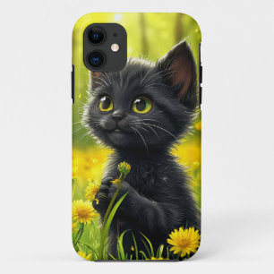 Cartoon Zwarte Kitten met Paardenbloem Schattig Di Case-Mate iPhone Case
