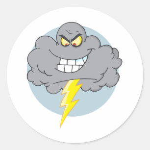 Cartoon zwarte wolk met bliksem ronde sticker