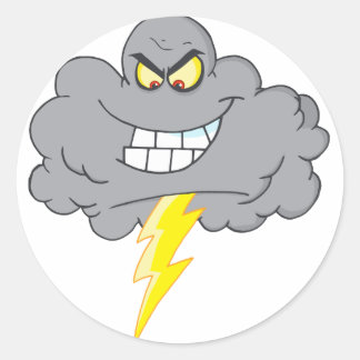 Cartoon zwarte wolk met bliksem ronde sticker