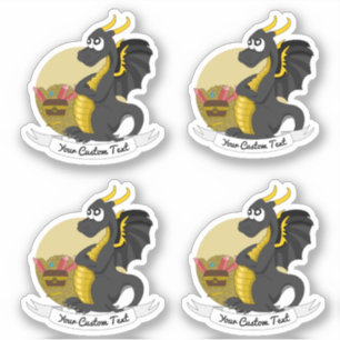 Cartoon zwartedragon met schat en tekst sticker
