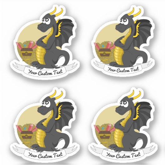 Cartoon zwartedragon met schat en tekst sticker (Voorkant)