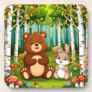 Cartoonbeer en konijn die in een weelderig bos zit bier onderzetter