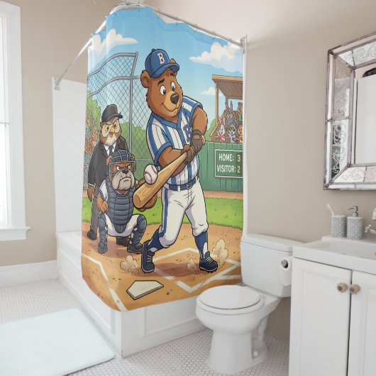 Cartoonbeer speelt honkbal douchegordijn (In situ)