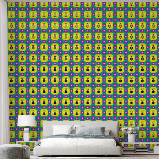 Cartoonbijen en Bloemen Behang (Slaapkamer)
