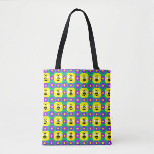 Cartoonbijen en bloemen tote bag