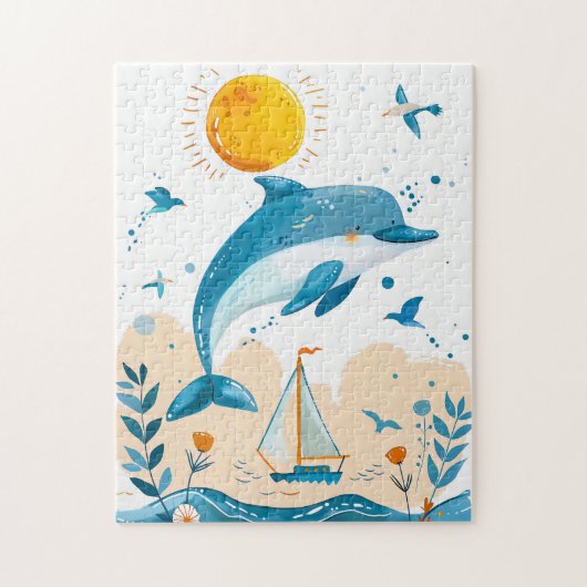 Cartoondolfijn springt uit het water legpuzzel (Verticaal)