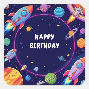 🌟 Cartoonesch ruimte tafereel met raketten en pla Vierkante Sticker