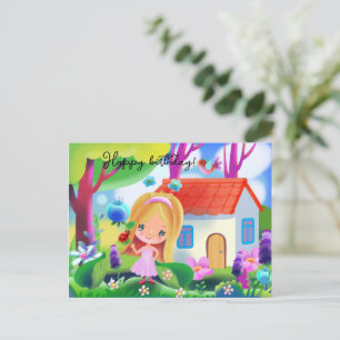 Cartoonesk meisje en sprookjesachtig huis briefkaart