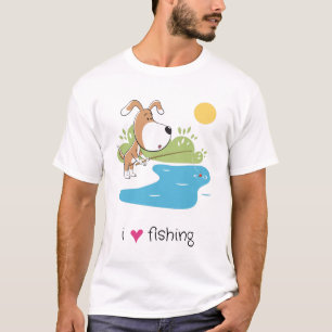 Cartooneske Grappige Hond Angler Vissen Meer Zon M T-shirt