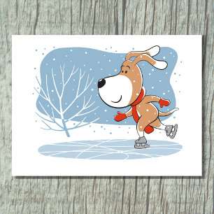 Cartooneske grappige ijsfiguurschaatsende hond Pup Briefkaart