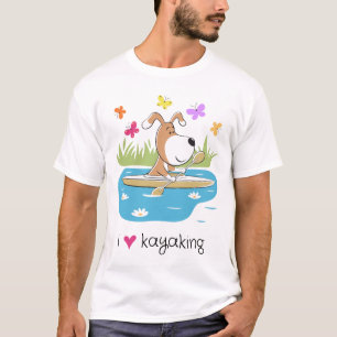 Cartooneske hond aan het kayakken, watersport voor t-shirt