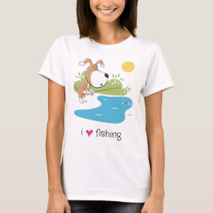 Cartooneske hond visser vist op het meer zon vrouw t-shirt