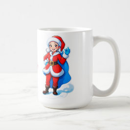 Cartooneske Kerstman-meisje in rode jas met cape e Koffiemok