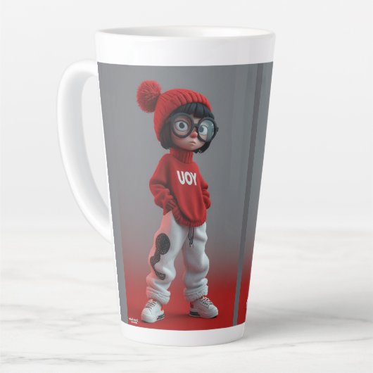Cartoonfiguren latte mok (Linkerhoek)