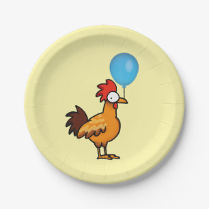 Cartoonhaan met blauwe ballon papieren bordje