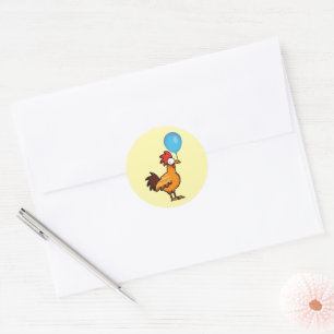 Cartoonhaan met blauwe ballon ronde sticker