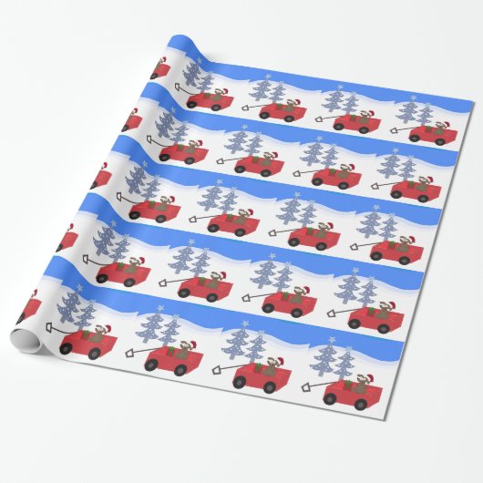 Cartoonhond in een rode wagen cadeaupapier (Uitgerold)