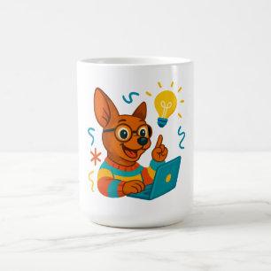 Cartoonhond met laptop en idee-lampje mok