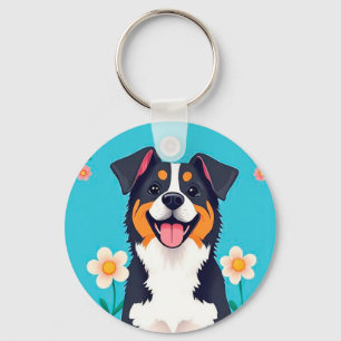 Cartoonhond omringd door bloemen sleutelhanger
