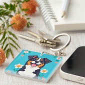 Cartoonhond omringd door bloemen sleutelhanger (Voorkant Rechts)