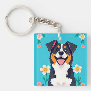 Cartoonhond omringd door bloemen sleutelhanger