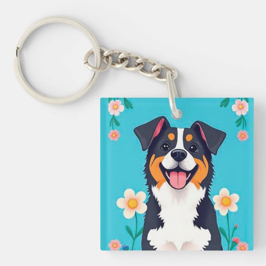 Cartoonhond omringd door bloemen sleutelhanger (Voorkant)
