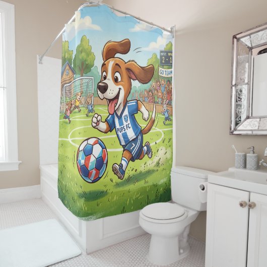 Cartoonhond speelt voetbal douchegordijn (In situ)