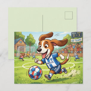 Cartoonhond speelt voetbal feestdagenkaart