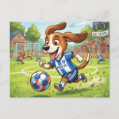 Cartoonhond speelt voetbal feestdagenkaart (Voorkant)