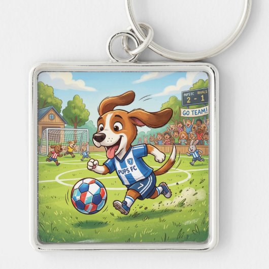 Cartoonhond speelt voetbal sleutelhanger (Voorkant)