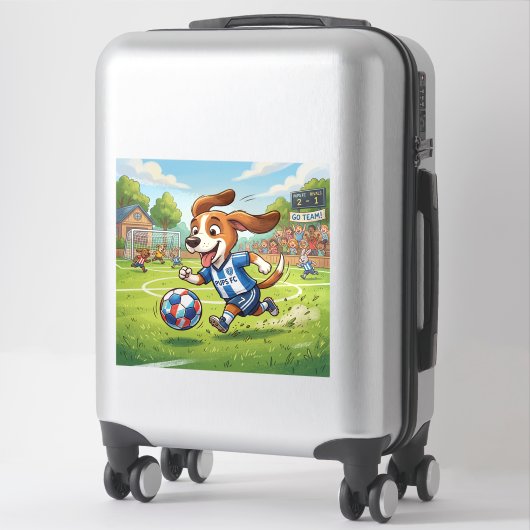Cartoonhond speelt voetbal sticker (Koffer)