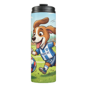 Cartoonhond speelt voetbal thermosbeker