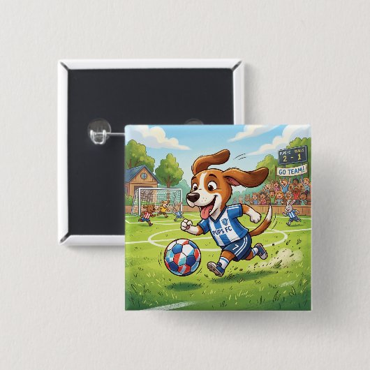 Cartoonhond speelt voetbal vierkante button 5,1 cm (Voorkant /achterkant)