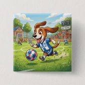 Cartoonhond speelt voetbal vierkante button 5,1 cm (Voorkant)
