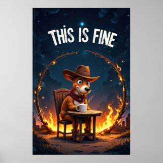 Cartoonhond zit aan tafel met koffie omringd poster