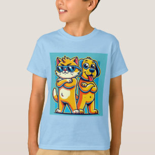 Cartoonillustratie van een kat en vrolijke hond t-shirt