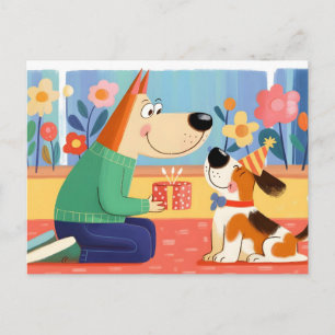 Cartoonillustratie van hond die cadeau geeft aan p briefkaart
