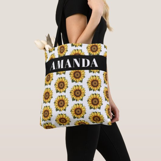 Cartoonish geel aangepaste naam zonnebloem patroon tote bag (Dichtbij)
