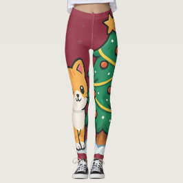 Cartoonkat bij Kerstboom Besneeuwde Sticker Leggings