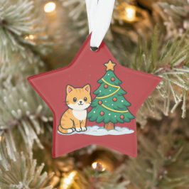 Cartoonkat bij Kerstboom Besneeuwde Sticker Ornament