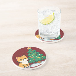Cartoonkat bij Kerstboom Besneeuwde Sticker Zandsteen Onderzetter