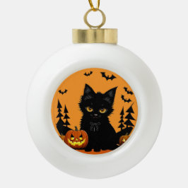 Cartoonkat en pompoenen onder volle maan keramische bal ornament