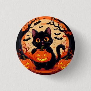 Cartoonkat en pompoenen onder volle maan ronde button 3,2 cm