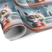 Cartoonkat met humoristische tekst op een koffiemo cadeaupapier (Rol Hoek)