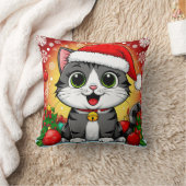 Cartoonkat met kerstmuts en kerstdecoratie kussen (Deken)